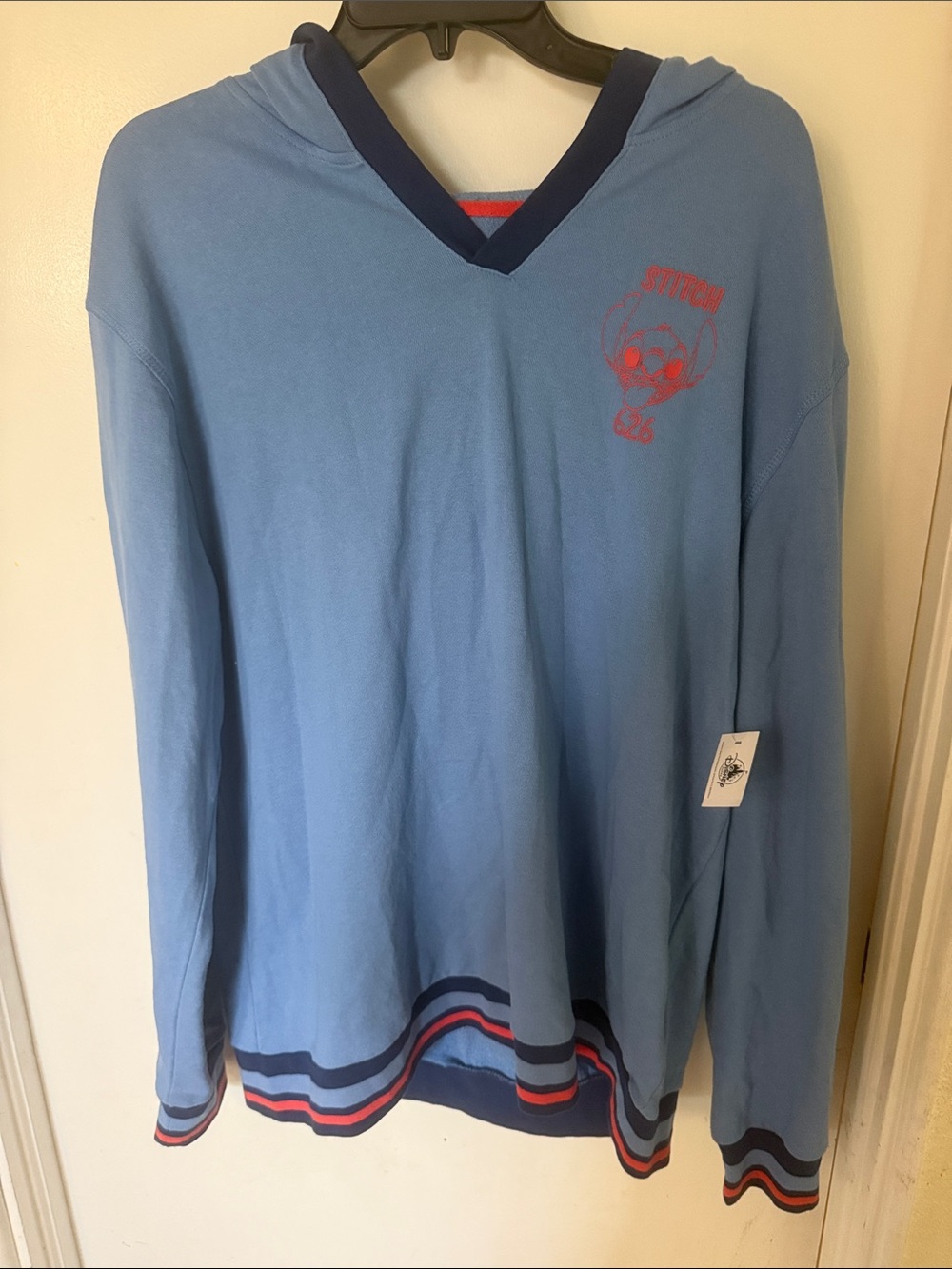 NWT Authentic Disney Parks Light Blue V-Neck Hoodie with Red Stitch Accent